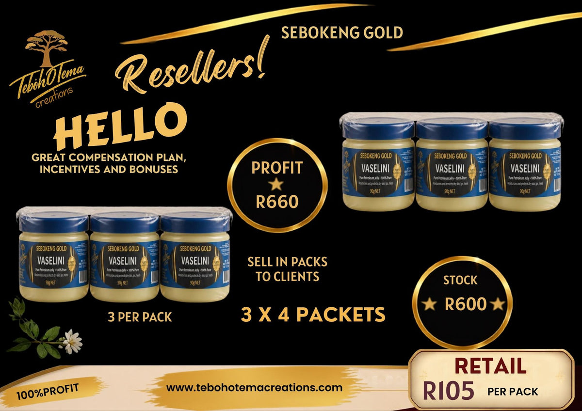SEBOKENG GOLD VASELINI 3 PER PACK X 4. STOCK PRICE R600. PER PACK SELLING FOR 105
